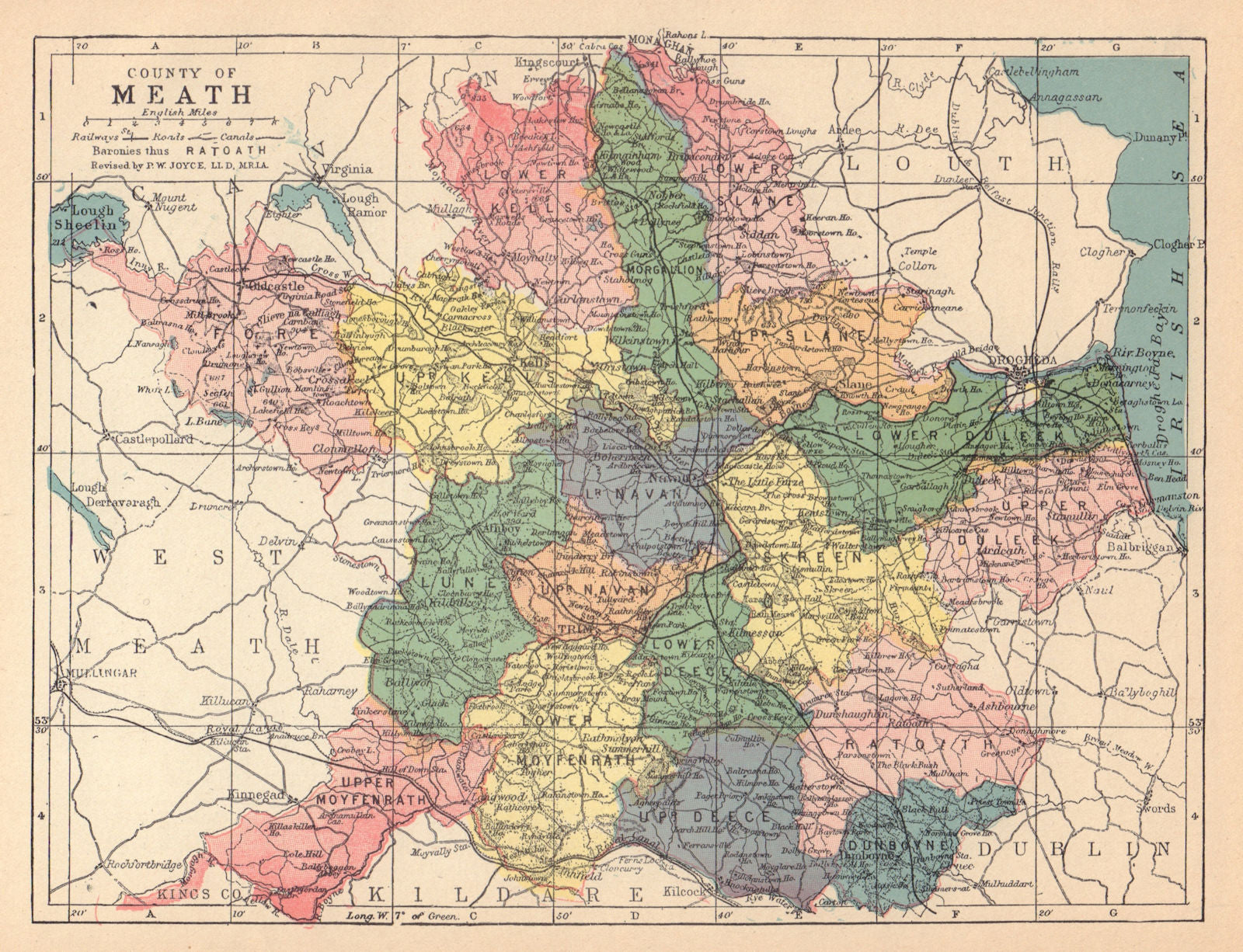 COUNTY MEATH antique map. Leinster. Ireland. JOYCE 1905 old chart